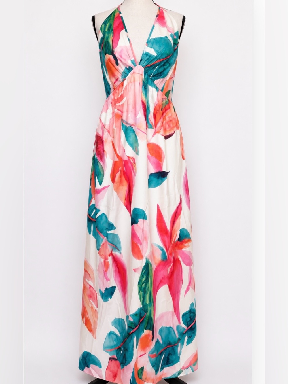 Vibrant Hibiscus Floral Empire Waist Halter Maxi Dress Summer Beach Boho Chic L